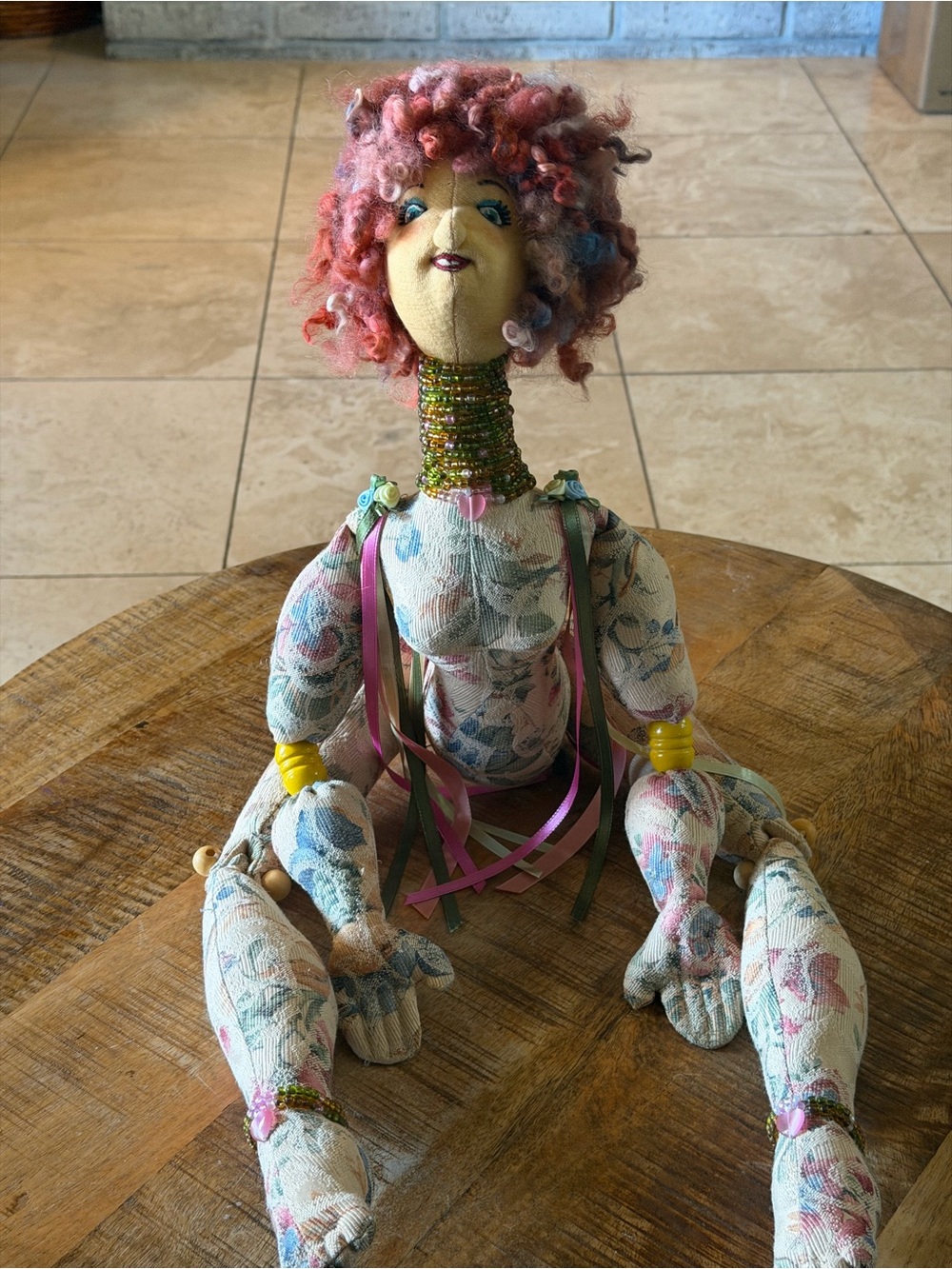 Vintage Handmade Art Doll 29”Articulated Cloth Doll Floral Textile Beaded Fiber